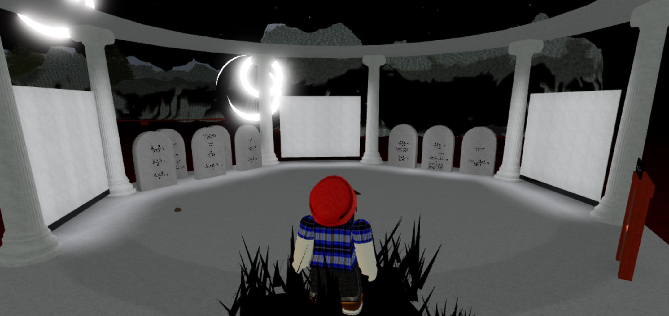 The Deprecation stage at metauni. Three whiteboards are arranged amongst tombstones with equations written on them, and decor resembling Ancient Greek architecture. There is some strange lighting effect, possibly a moon, and some mountainous terrain.